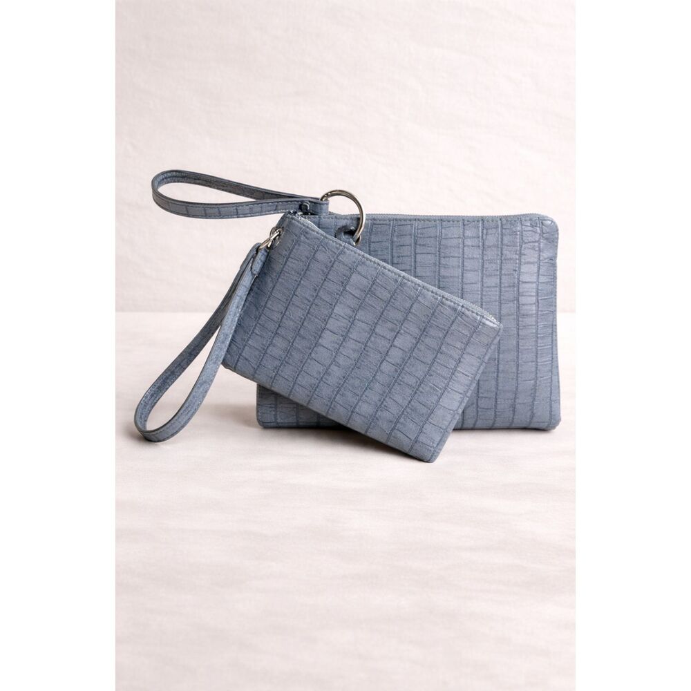 French Connection Croc Slim Wristlet Set Blue 2-in-1 Pouch in Denim NWT Chic